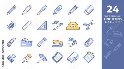 24 Office Stationery Color Line Icons Set - Office Supplies, School Equipment, Writing Tools, Office Accessories Vector Collection