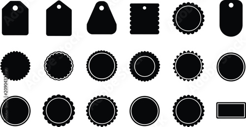 Collection Of Black Silhouette Tags And Labels In Various Shapes On White Keywords: tag silhouette, label silhouette, black tag