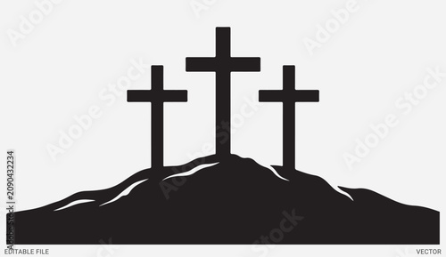 Three christian holy crosses on hill silhouette easter good friday crucifixion religion vector illustration