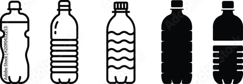 Five Plastic Water Bottle Icons In Outline And Solid Black Styles Keywords: water, bottle, plastic, icon, symbol, container