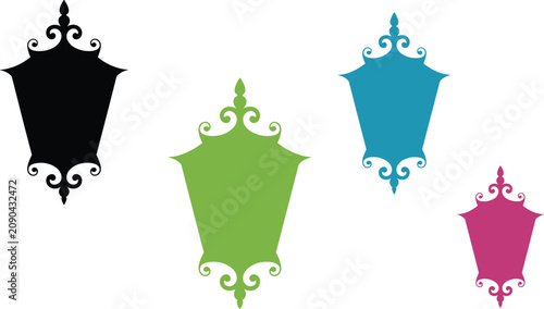 Four Ornate Lantern Silhouettes In Black Green Teal And Pink On White Keywords: lantern silhouette, ornate lantern, decorative