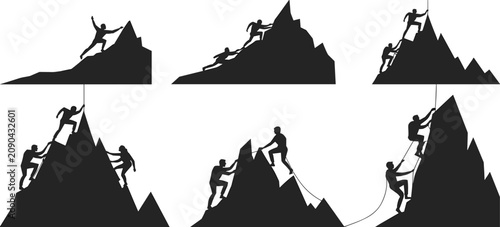 Six Silhouettes Of People Climbing Mountains With Ropes And Without Keywords: climbing, mountain, silhouette, people, man, woman