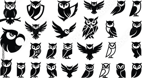 Fényképezés Owl silhouette vector icons set featuring diverse geometric mascot logos flying wings and predatory nocturnal birds isolated on white background
