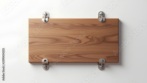 Artwork showing smooth brown wooden board secured by four metal brackets with bolts mounted on clean white wall background