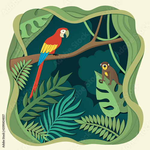 Canvas Print Tropical jungle scene with a macaw parrot and monkey in lush rainforest leaves,