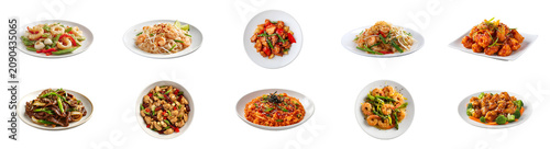 Seafood stir fry, kung pao chicken and kimchi fried rice dish collection on transparent background