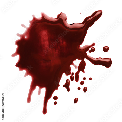 Large bloody stain with scattered drops, isolated on transparent cutout background