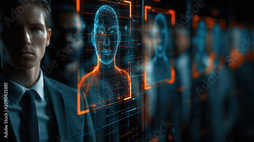 AI digital face recognition technology scans human faces for recruitment screening, creating futuristic and intense atmosphere