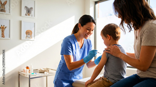 A friendly nurse administering a vaccine to a young boy