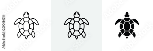 Sea turtle icon set showing top view of swimming reptile in varied styles.