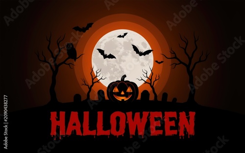 Halloween jack o lantern with bats and full moon in spooky night scene