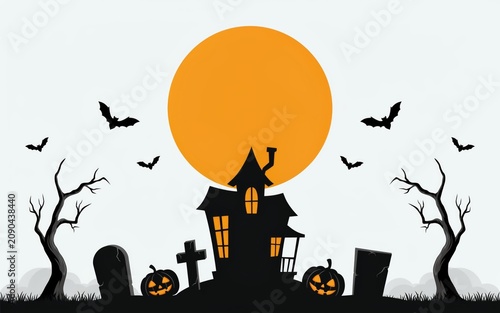 Halloween haunted house with pumpkins and flying bats at sunset