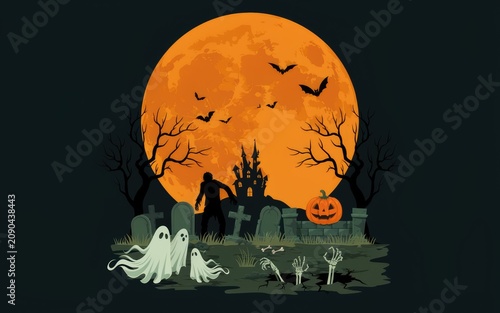 Halloween scene with jack o lantern, ghosts, and full moon