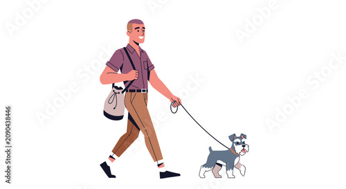 Elderly man walking small dog on leash outdoors.
