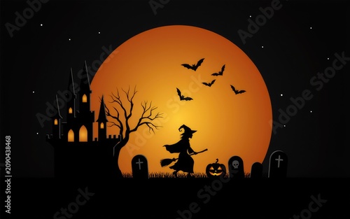 Witch flying over halloween cemetery under a full moon