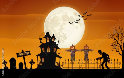 Scary haunted house with full moon and zombie at night