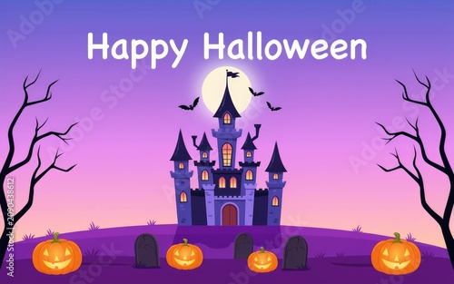 Happy halloween cartoon castle with jack o lanterns and bats