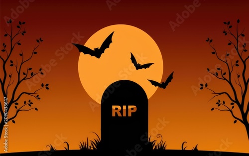 Gothic graveyard scene with bats and full moon at sunset