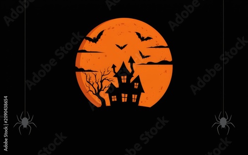 Halloween haunted house under a cracked orange moon with bats