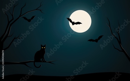 Black cat sitting under moonlight with bats flying