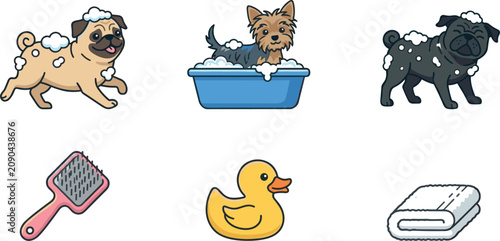 Obraz na płótnie Cute Dog Bath Time Vector Icon Set Featuring Pug, Yorkshire Terrier, Soap Foam,