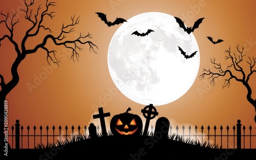 Halloween scene with jack o lantern and bats under full moon