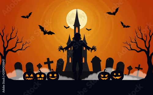 Halloween haunted castle with jack o lanterns and bats at sunset