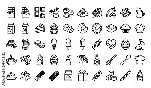 Foto Editable chocolate confectionery outline icon pack with cocoa candy and dessert