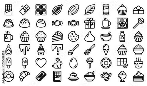 Editable chocolate outline icon set with cocoa dessert candy and confectionery vector collection isolated on white background