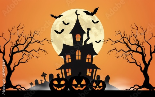 Haunted house with jack o lanterns under a full moon