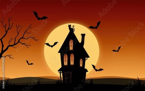Haunted house under a full moon with bats flying