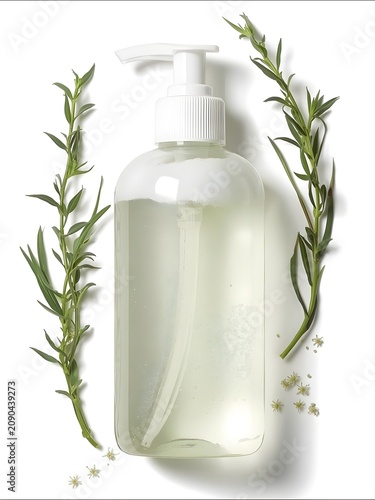 Clear pump dispenser bottle containing a translucent gel, natural skincare or organic gel. Bottle features a white pump and sits against a white background. Flanked by two sprigs of green foliage.
