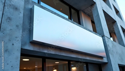 Artwork showing rectangular brushed metallic signboard mounted on concrete wall of contemporary building with large glass windows and clean architectural lines
