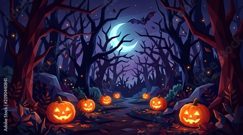 Spooky halloween forest scene with jack o' lanterns and bats under a full moon
