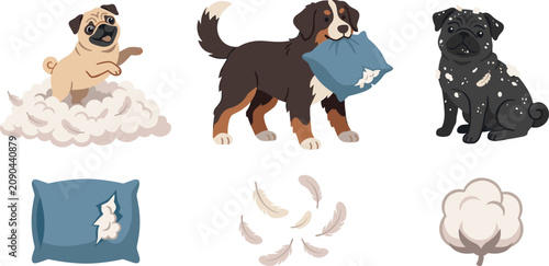 Foto Playful Dogs Destroying Pillow Vector Set Featuring Pugs Bernese Mountain Dog Fe