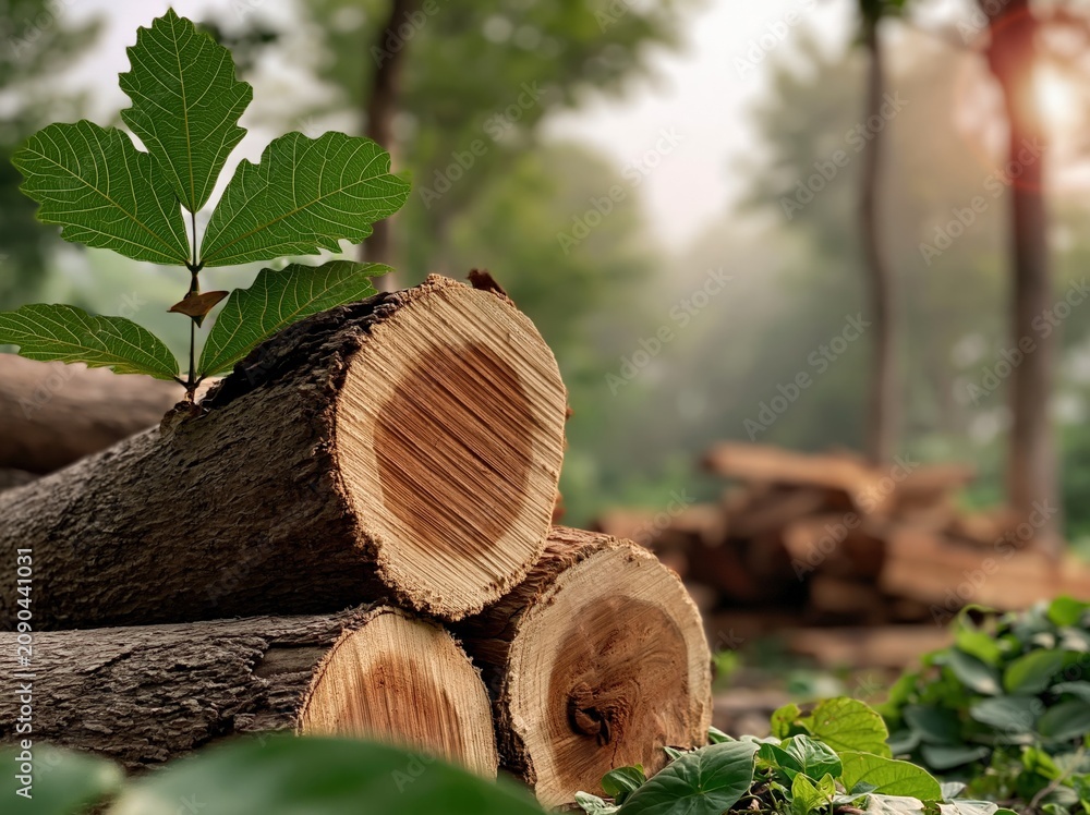 Obraz premium Stack of freshly cut logs with a vibrant green leaf sprout in a misty forest setting