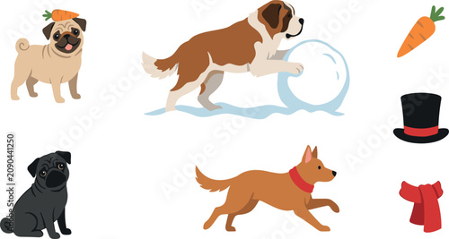 Obraz na plátně Cute Dogs Winter Activities Vector Set Featuring Pug Saint Bernard Snowball Carr