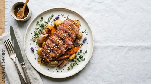Sliced Roasted Duck Breast Served with Vegetables on White Tablecloth