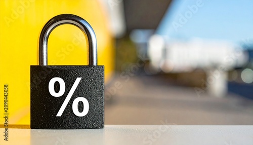 Black padlock with percentage symbol on urban background
