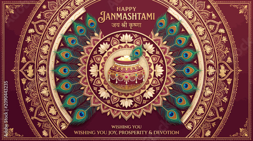 Traditional indian janmashtami festival greeting card design with peacock feathers with diya traditional patterns hindu