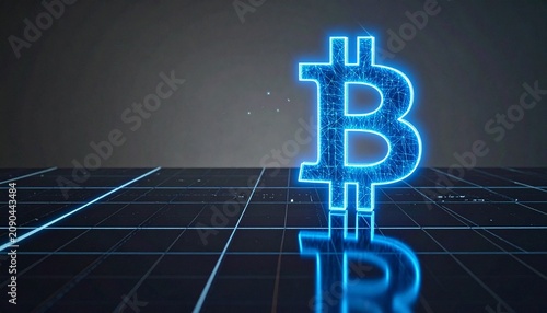 Glowing bitcoin symbol on dark futuristic grid background