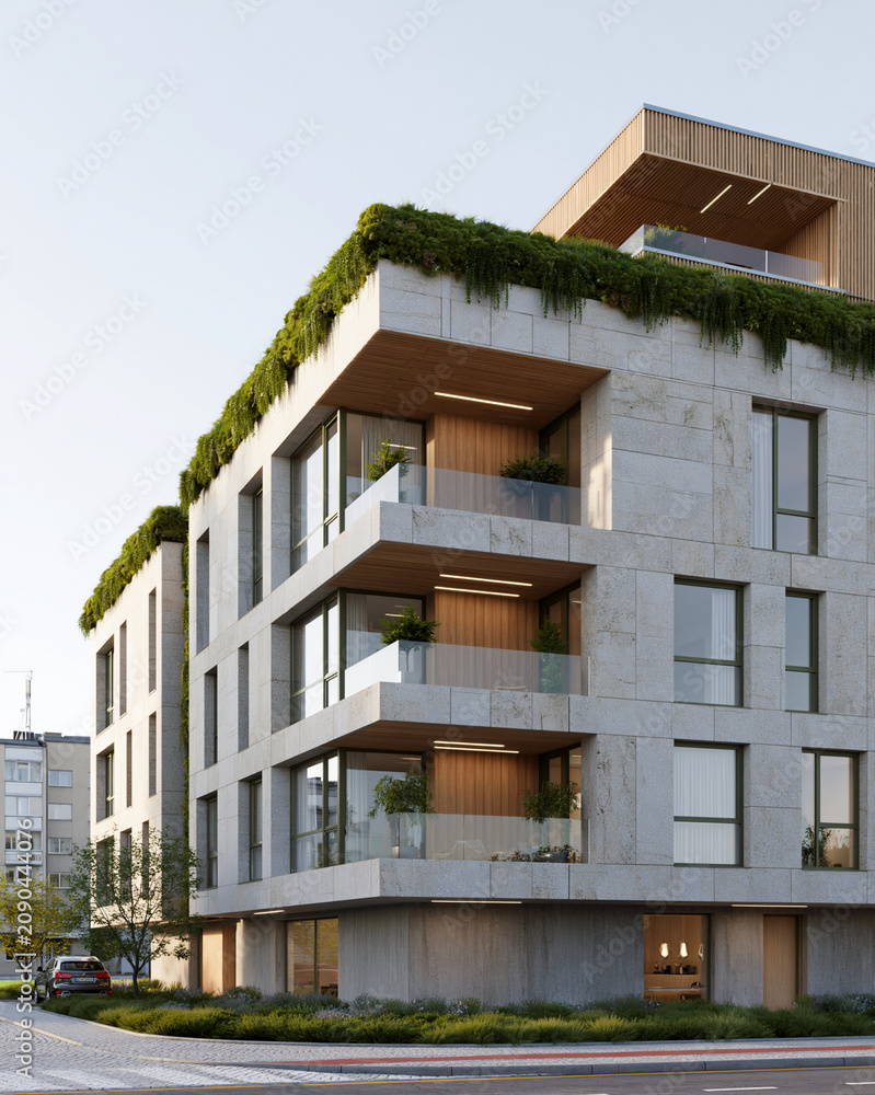 Fototapeta premium Modern building blends concrete and greenery. Balconies feature plants, wood, and glass. Sunlight highlights clean architectural lines. Urban living meets nature's calm