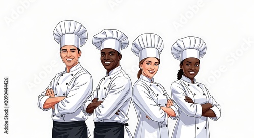 Diverse Professional Chef Team Standing with Arms Crossed on White Background