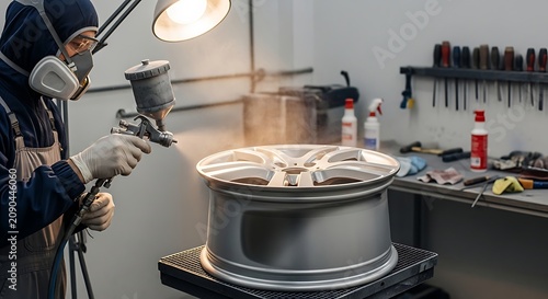 Skilled Technician Spray Painting Silver Alloy Wheel in Automotive Workshop