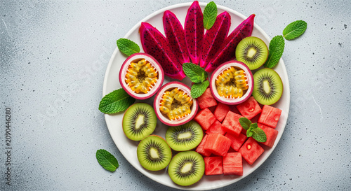 Tropical fruit platter with dragon fruit, kiwi and passion fruit, fresh exotic fruit salad on white plate, healthy vegan breakfast snack