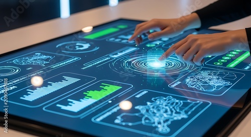 Hands Interacting with Futuristic Digital Interface on Interactive Touchscreen Table