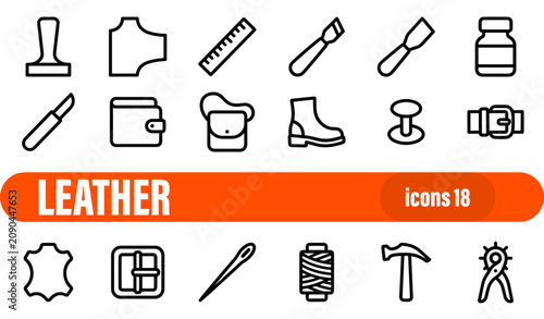 Fotografía Leather Crafting and Tannery Tools Outline Icons Set