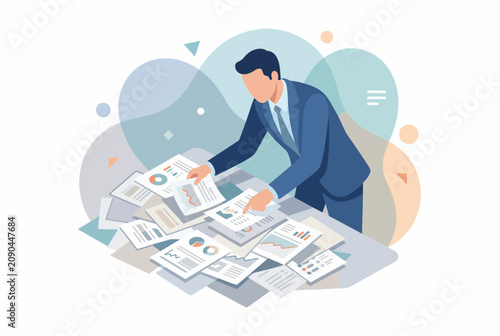 Foto Businessman in Suit Analyzing Financial Reports and Data Documents