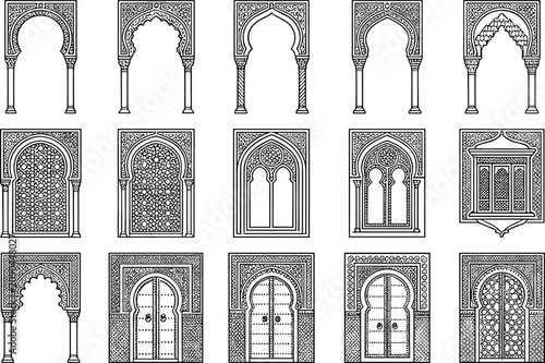 Fotografie Collection of traditional Islamic archways doors and windows vector line art ill