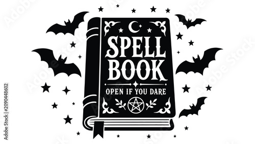 Halloween spell book with bats and stars, vintage magic book illustration, vector graphic design element for spooky holiday decorations